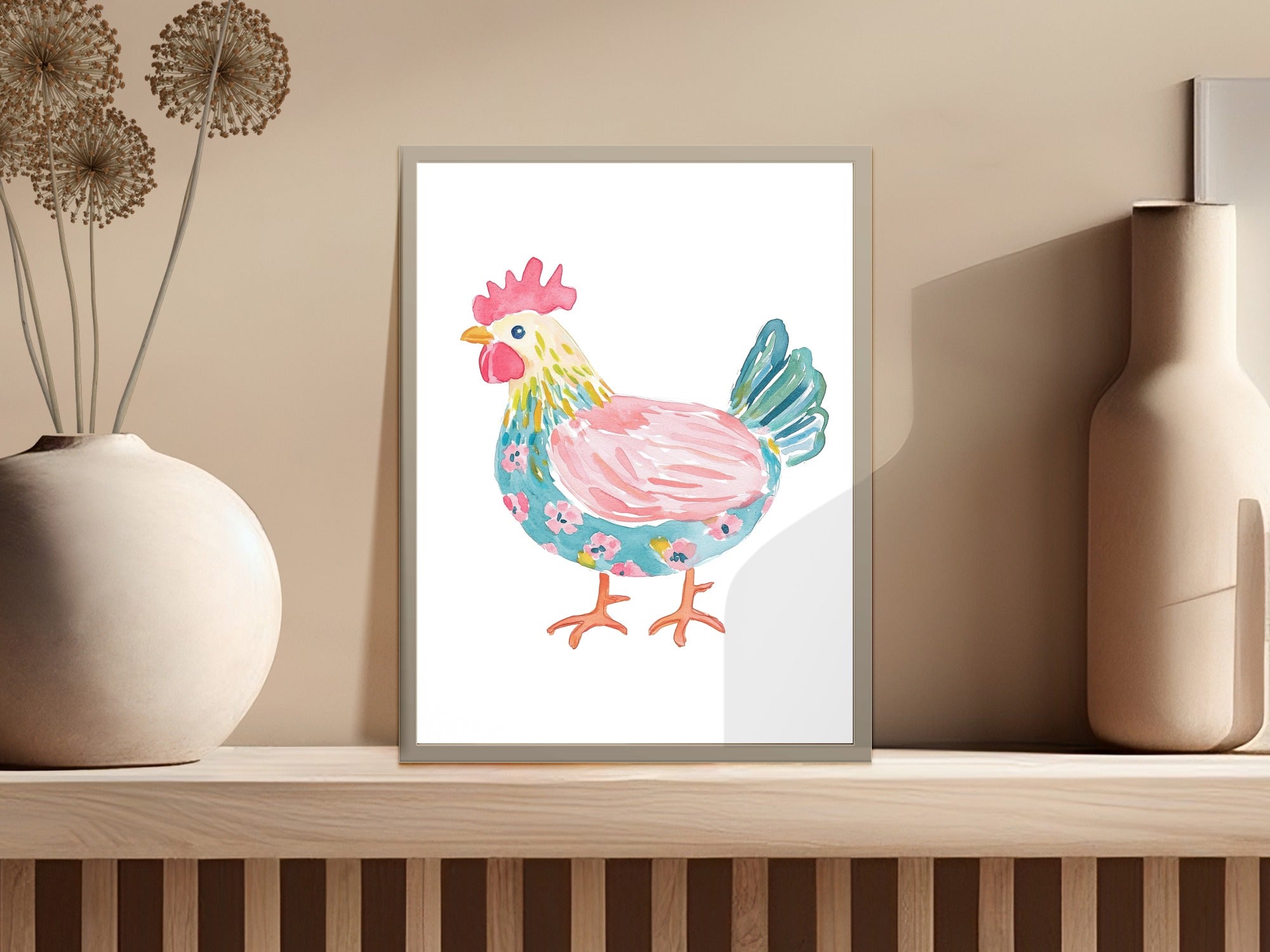Watercolor painting of a colorful chicken with floral accents on a shelf.