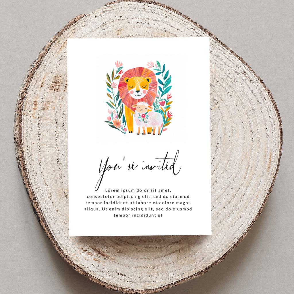 Invitation with lion and lamb illustration, "You're invited" text.