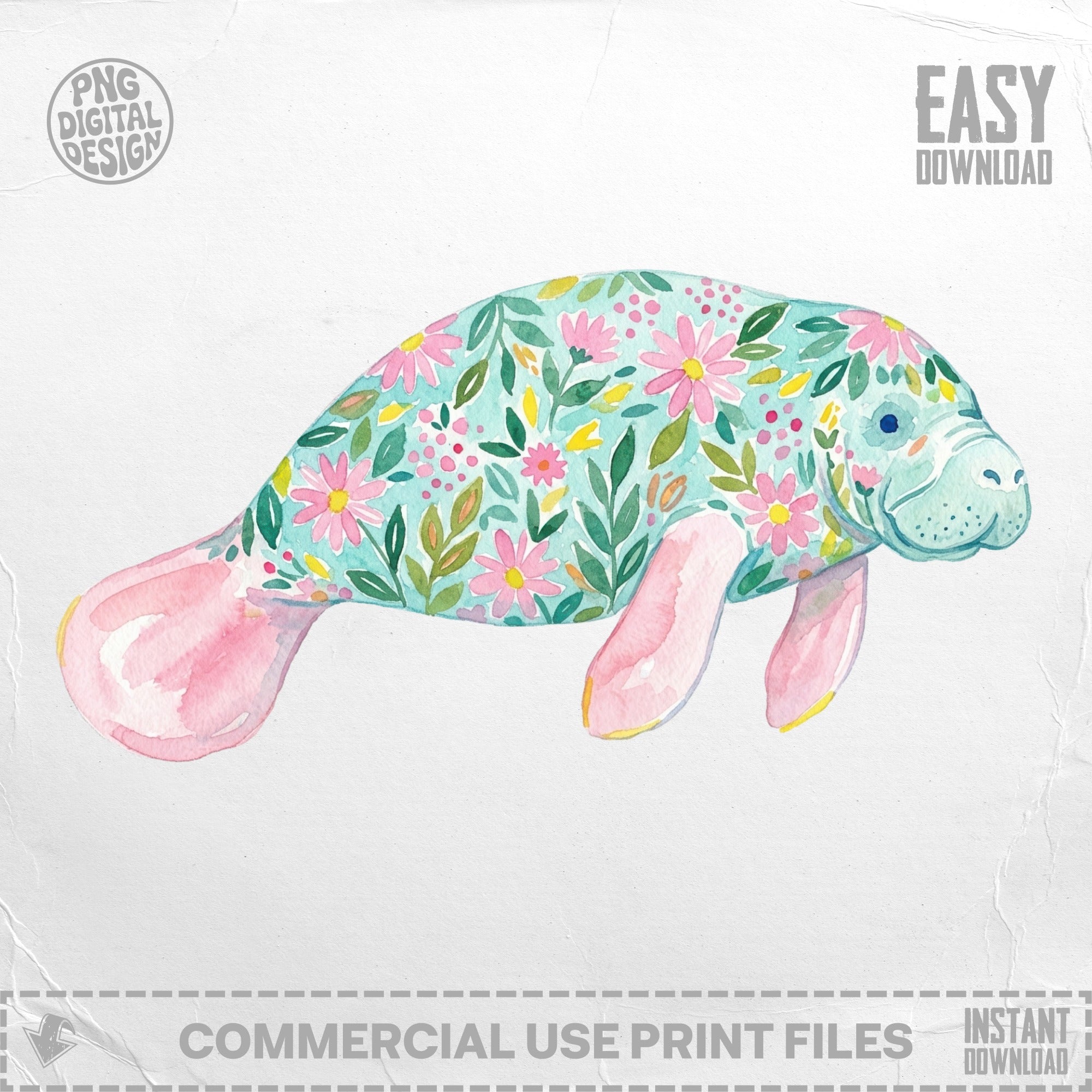 Watercolor manatee with floral pattern, "EASY DOWNLOAD" text.