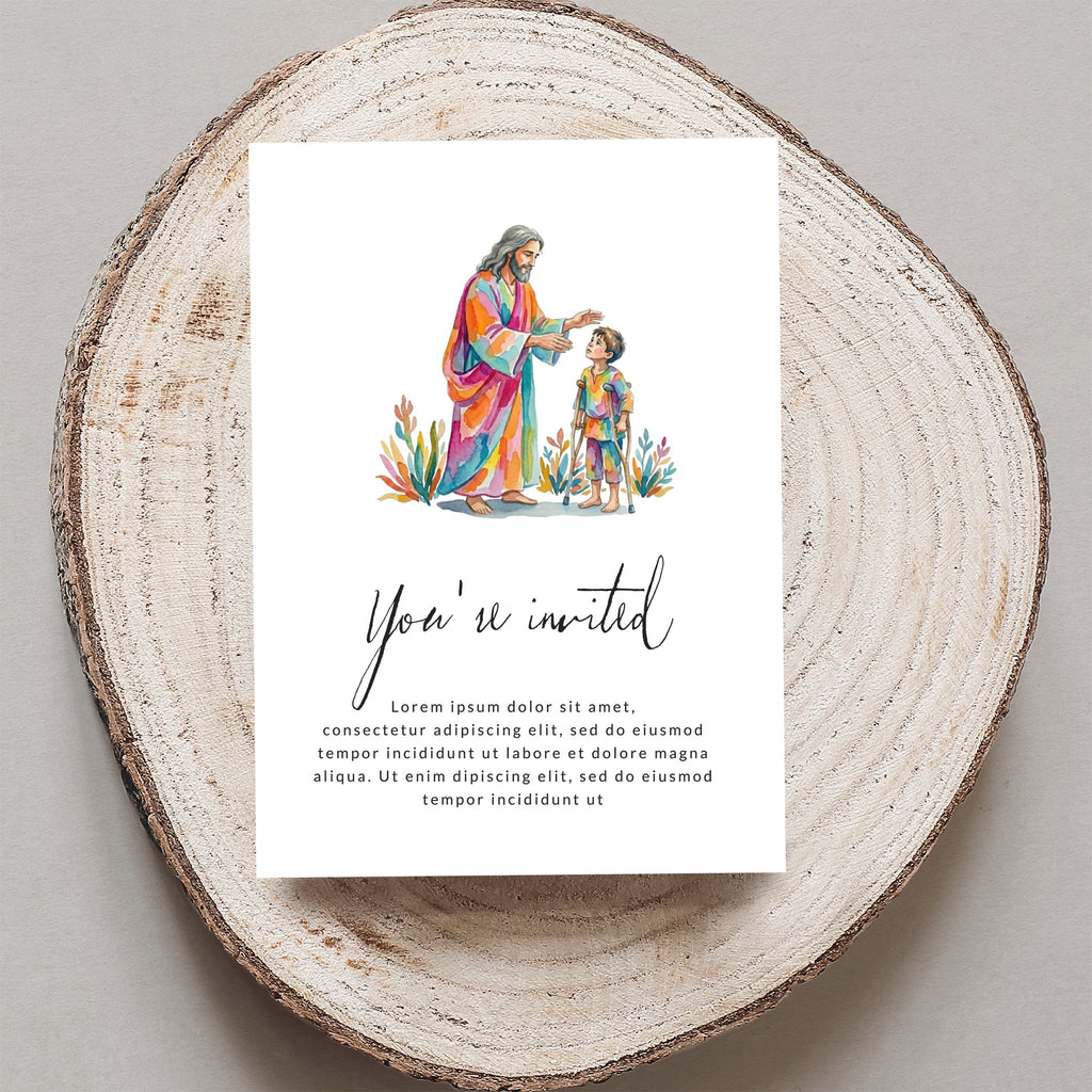 Religious invitation with illustration of Jesus blessing a child.