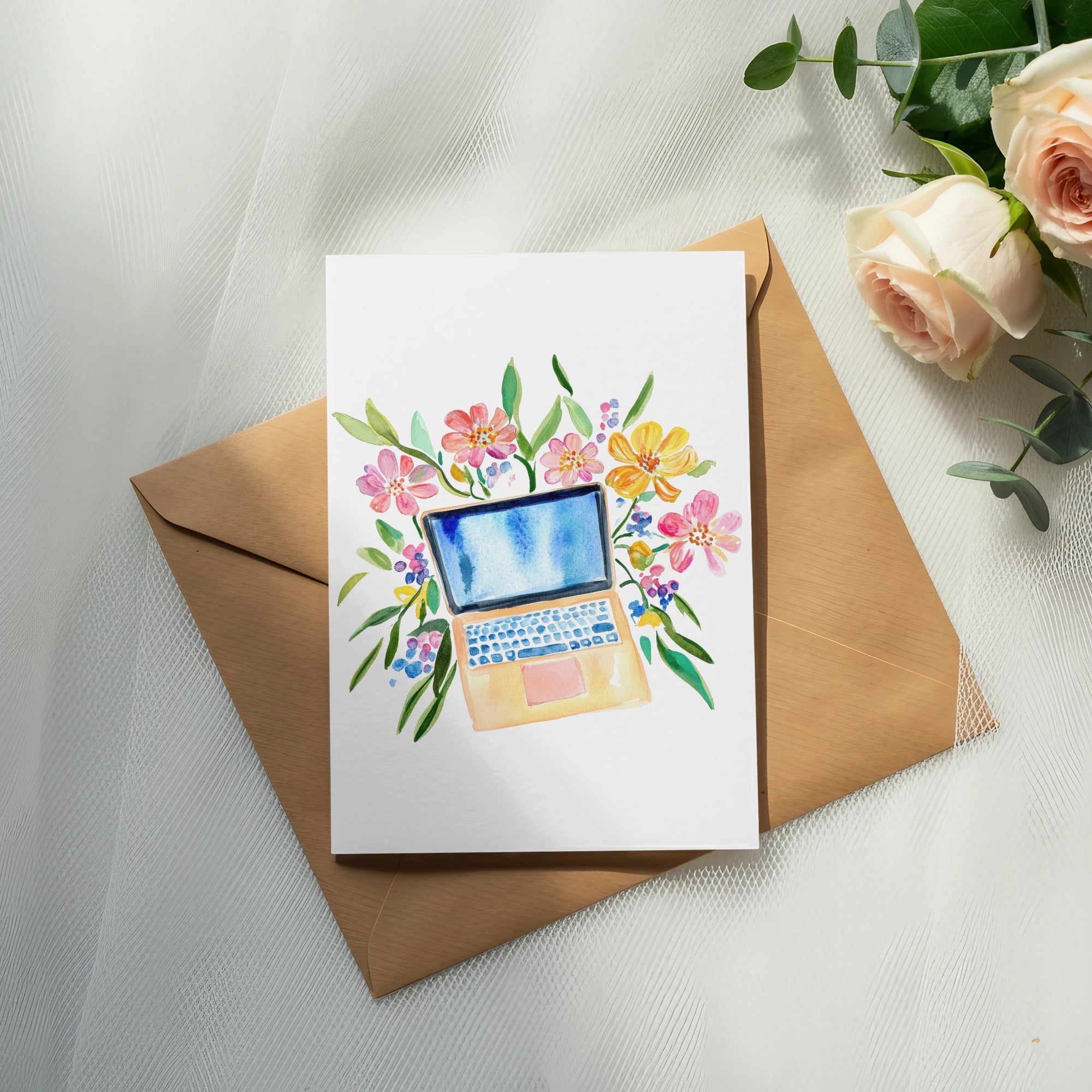 Watercolor illustration of a laptop surrounded by colorful flowers on an envelope.