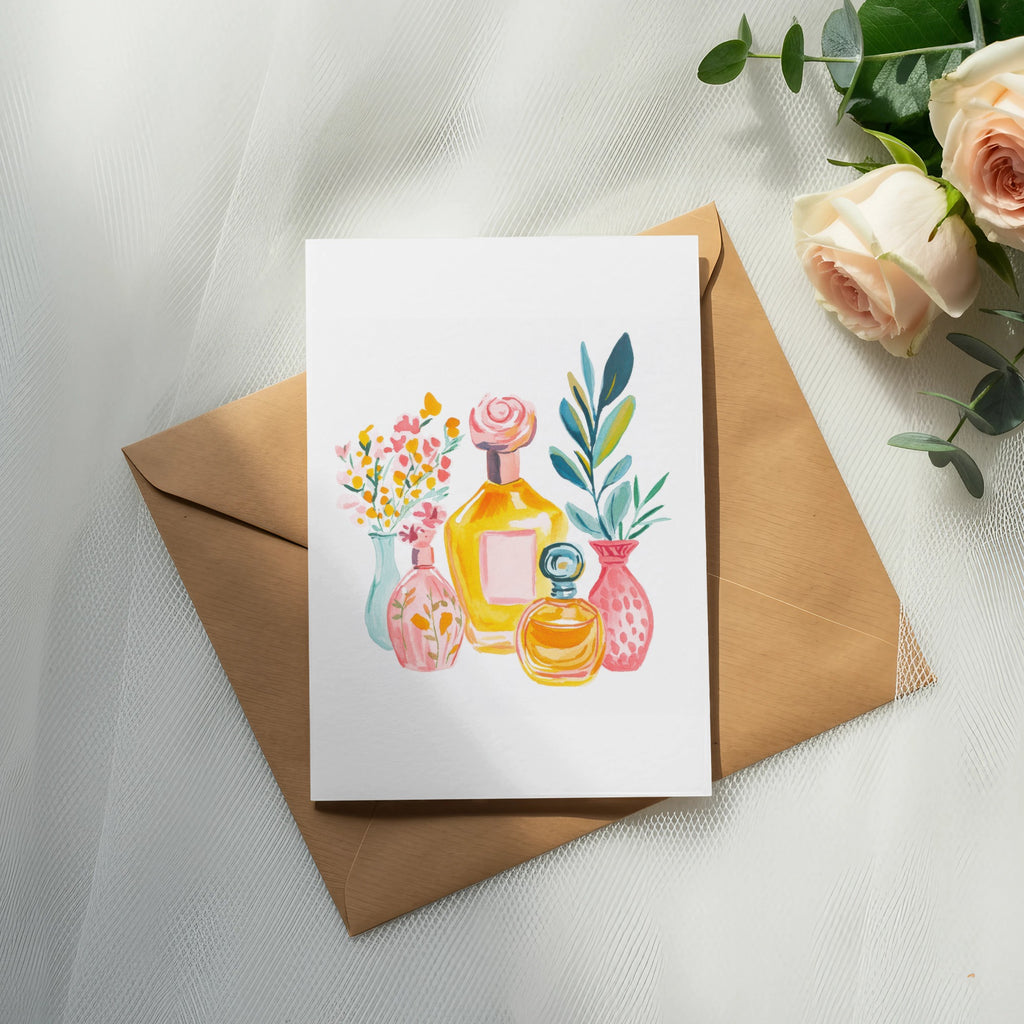 Watercolor illustration of perfume bottles and flowers on a card above an envelope.