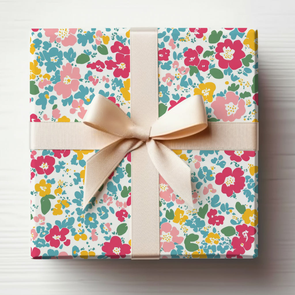 Vibrant Floral Print Gift Wrap with Cream Ribbon Product