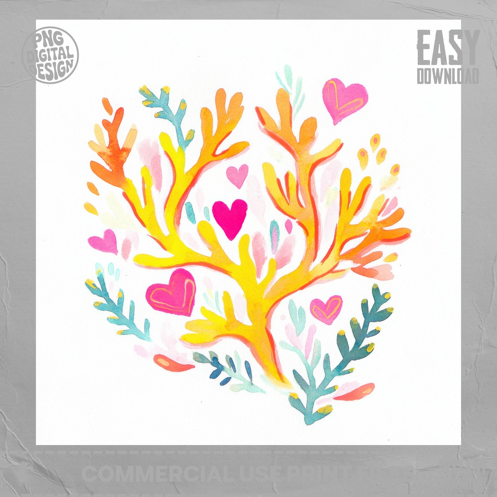Watercolor coral with hearts, leaves, and "Easy Download" text.