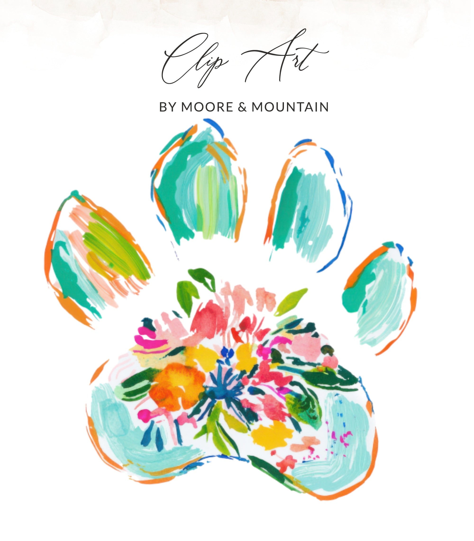 Paw print with colorful floral brushstrokes and "Clip Art" text.