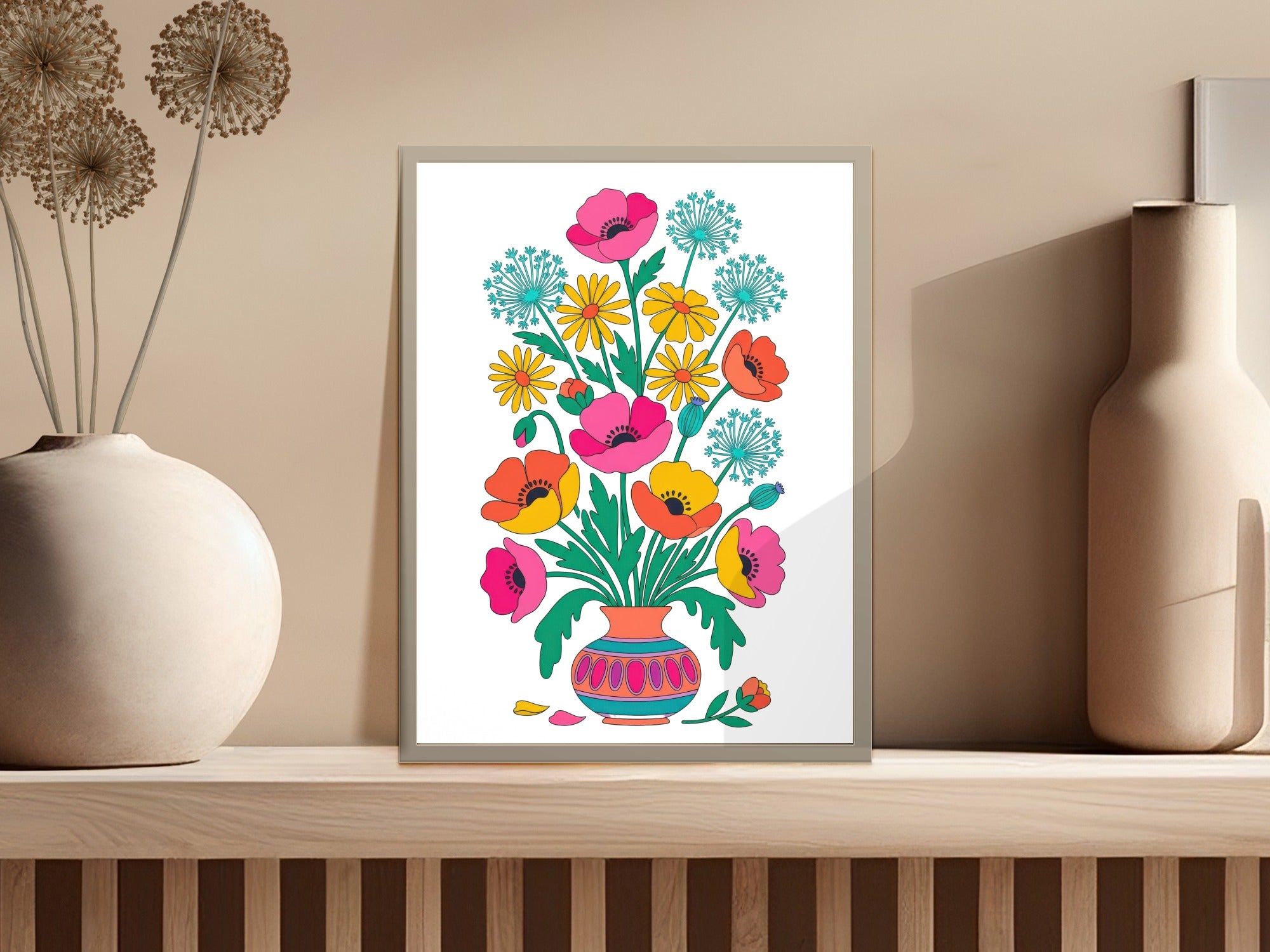 Colorful floral illustration in vase on shelf with two vases.