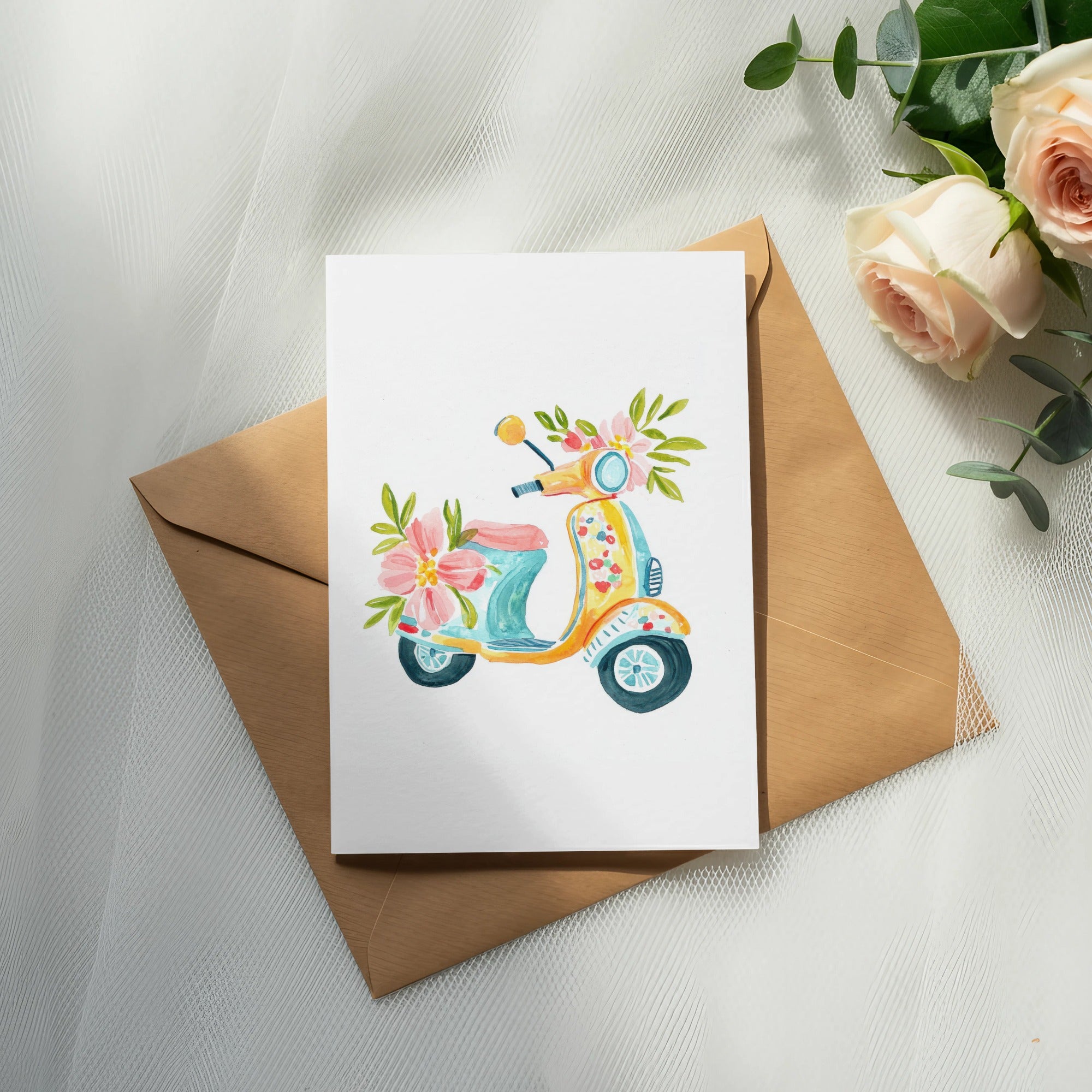 Watercolor illustration of a scooter with flowers on a brown envelope.