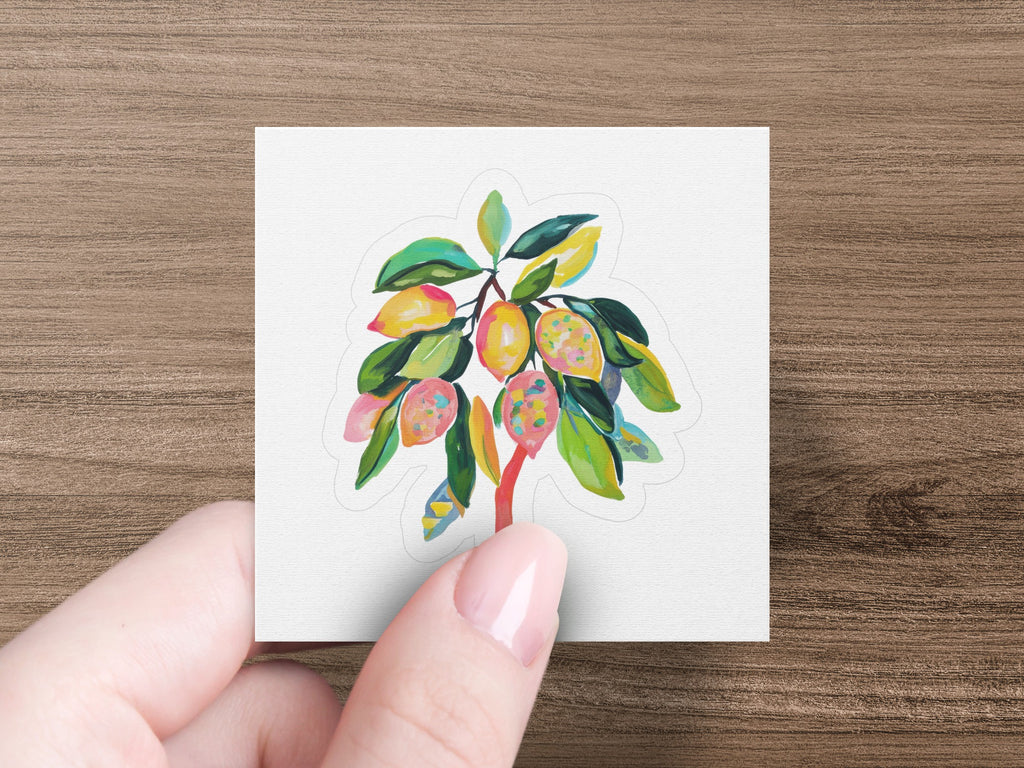Watercolor illustration of a lemon tree branch with ripe yellow lemons.