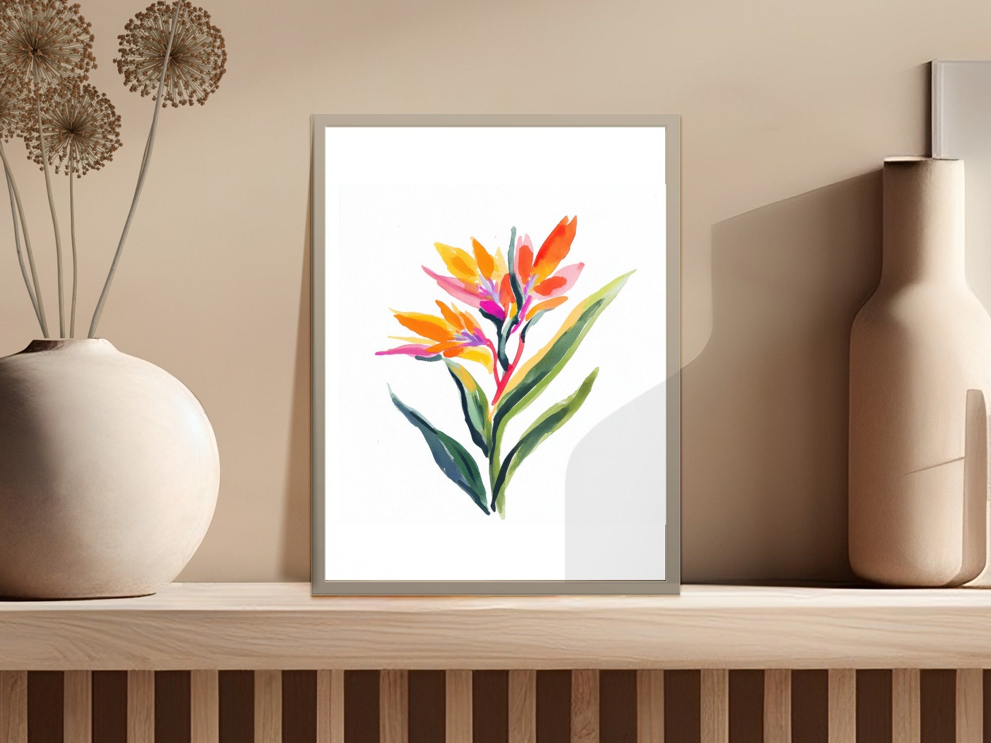 Watercolor painting of a Bird of Paradise flower with vibrant orange and pink petals.