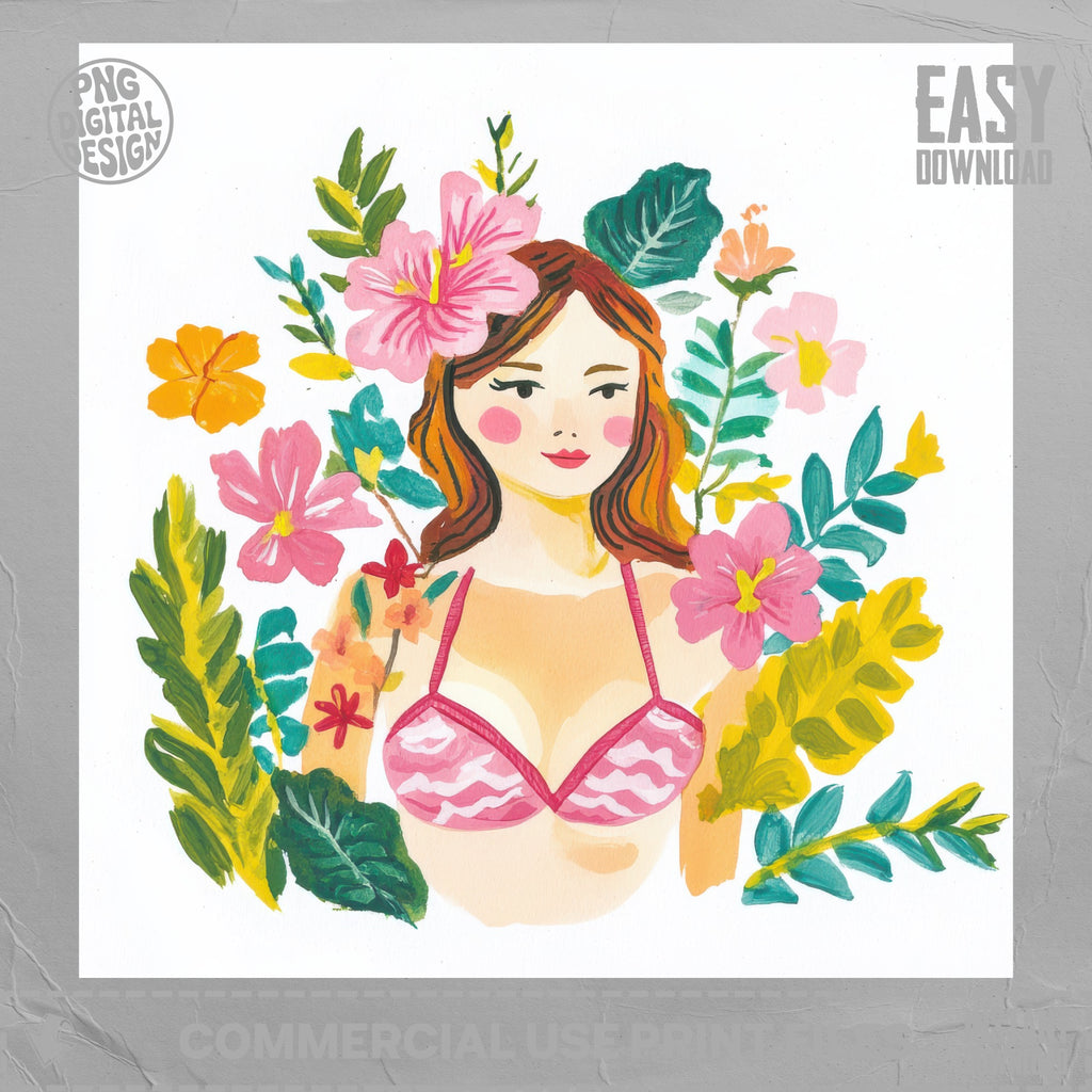 Woman in pink bikini surrounded by colorful flowers and leaves.