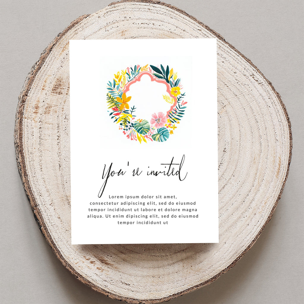 Invitation card with floral wreath and "You're invited" text.