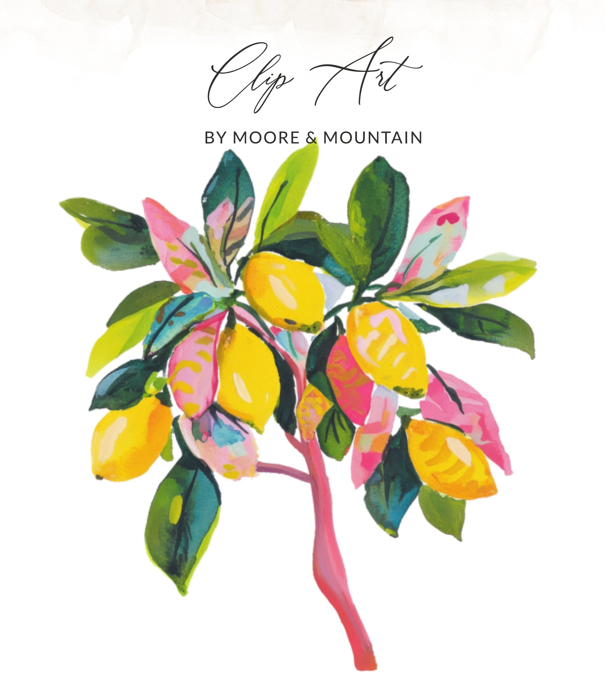 Watercolor clip art of a lemon tree branch with yellow lemons and green leaves.