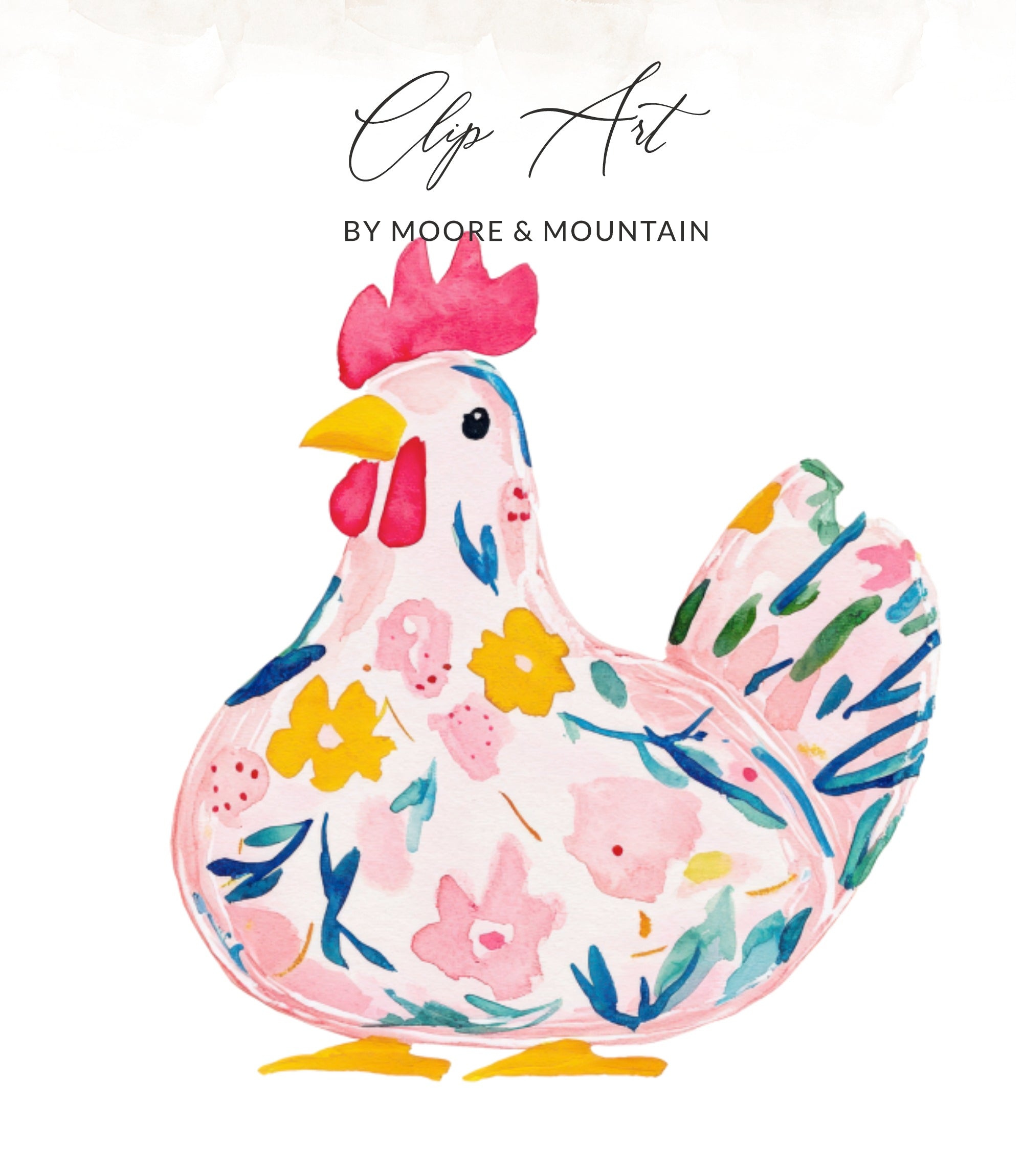 Watercolor chicken illustration with floral pattern, "Clip Art by Moore & Mountain".