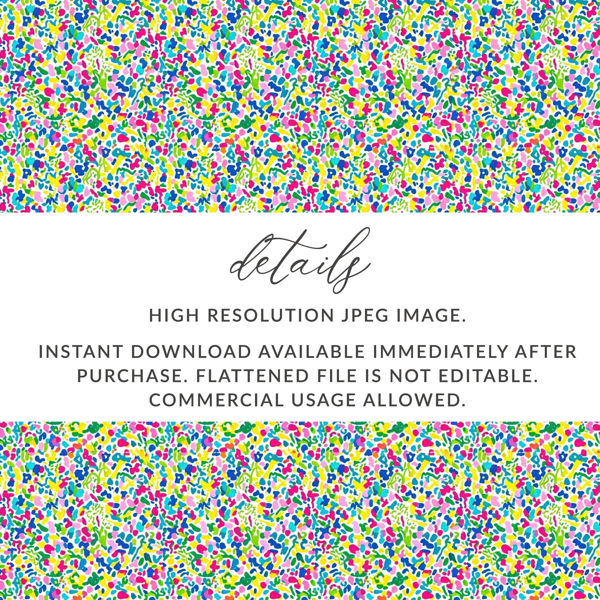 Colorful abstract pattern with text about digital download details.