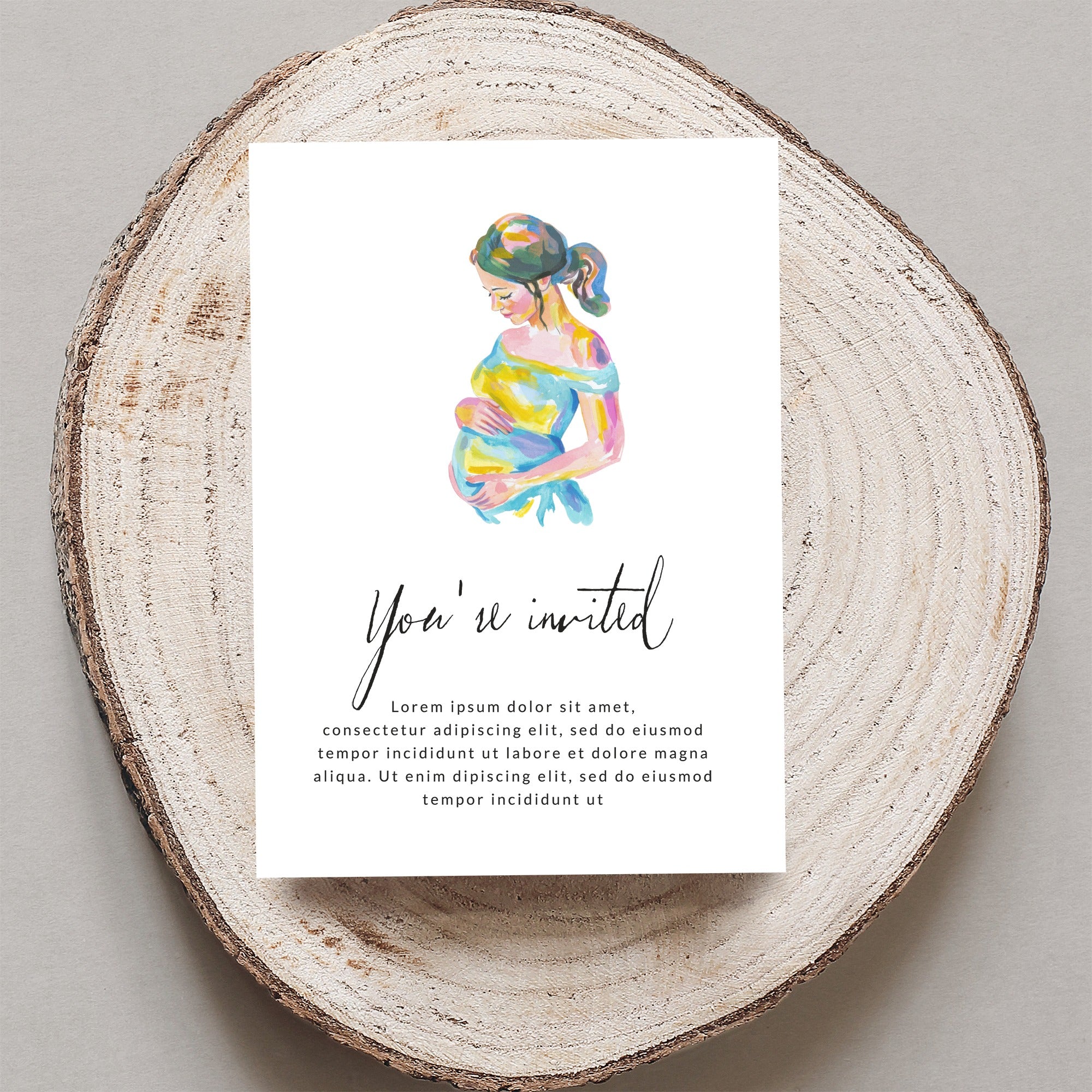 Invitation card with watercolor pregnant woman and "You're invited" text.