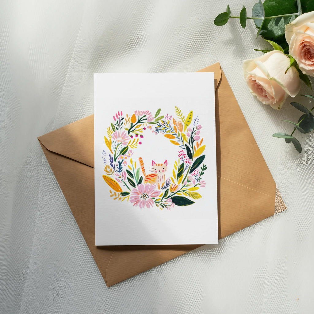 Greeting card with floral wreath and cat illustration on a brown envelope.