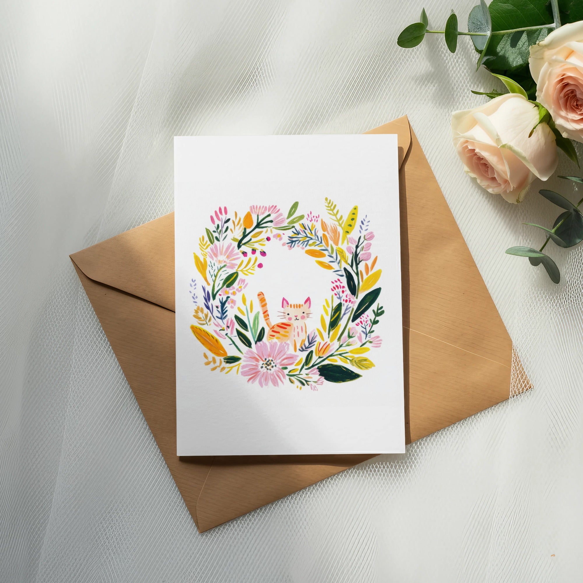 Greeting card with floral wreath and cat illustration on a brown envelope.