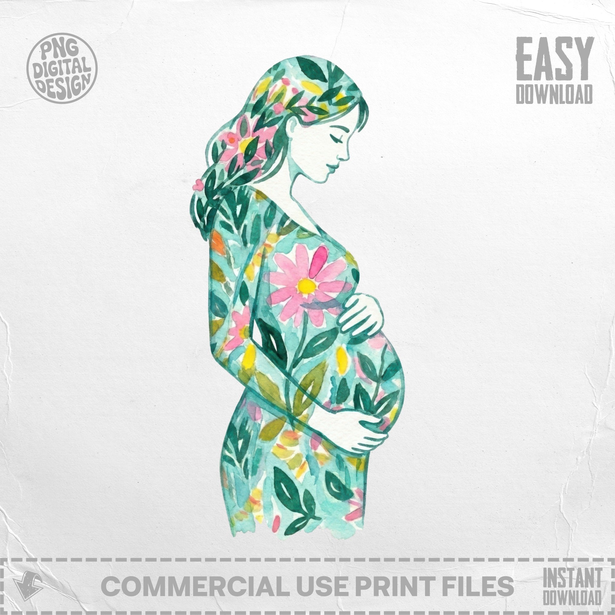 Watercolor silhouette of pregnant woman adorned with floral design.