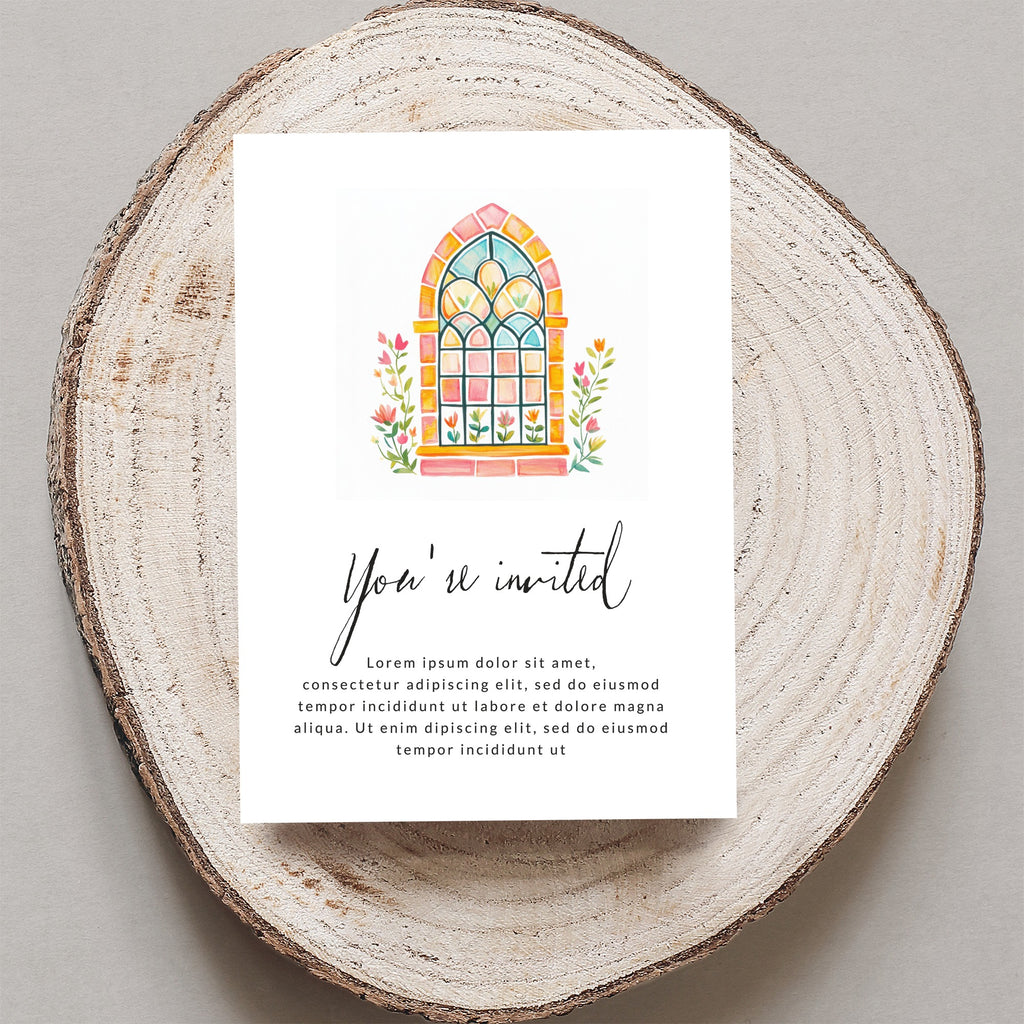 Invitation with arched stained-glass window illustration and placeholder text.