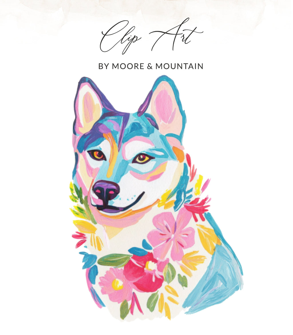 Colorful painted husky dog surrounded by flowers, "Clip Art" by Moore & Mountain.