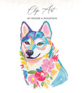Colorful painted husky dog surrounded by flowers, "Clip Art" by Moore & Mountain.