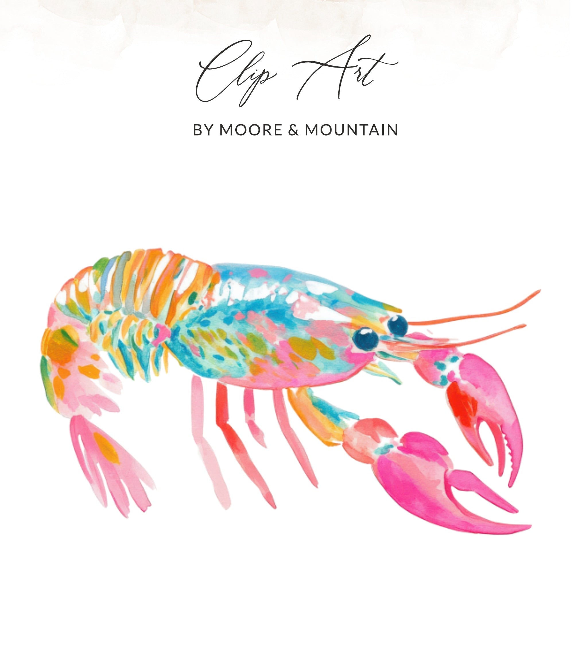 Watercolor lobster illustration with colorful brushstrokes on white background.