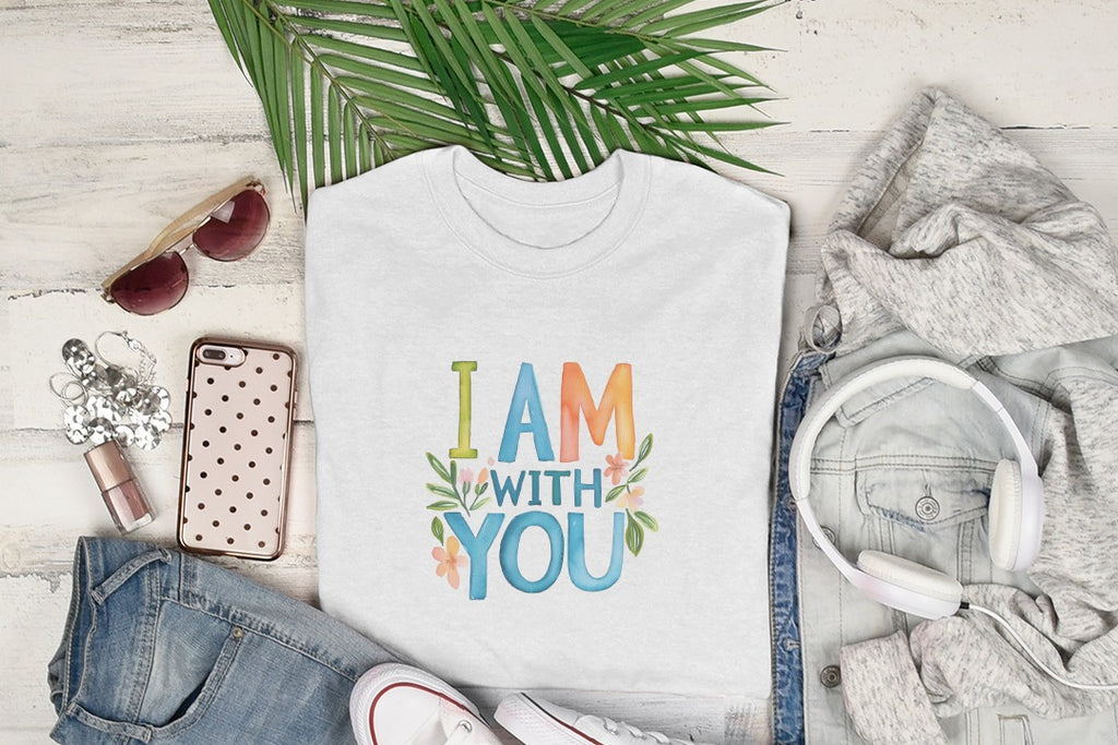 White t-shirt with "I AM WITH YOU" in colorful watercolor lettering and floral accents.