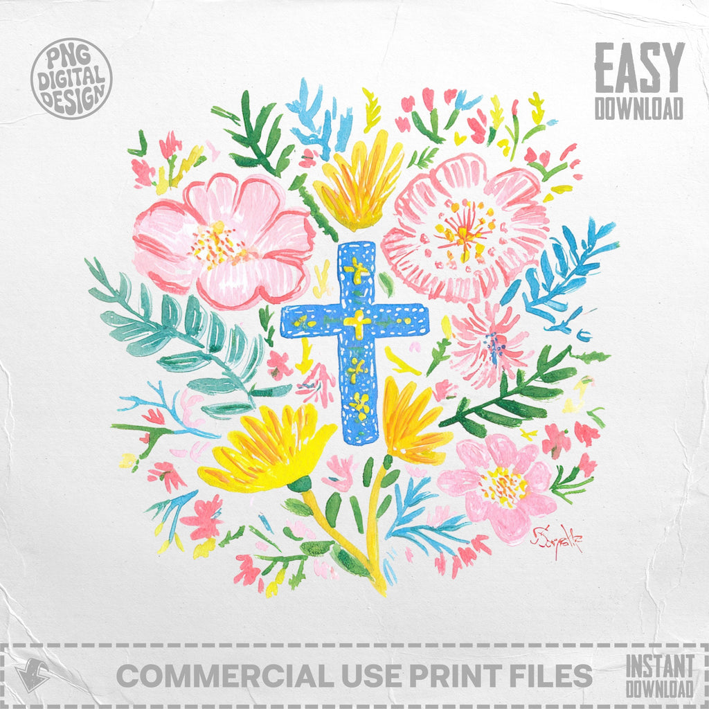 Blue cross surrounded by colorful flowers and leaves, easy download text.