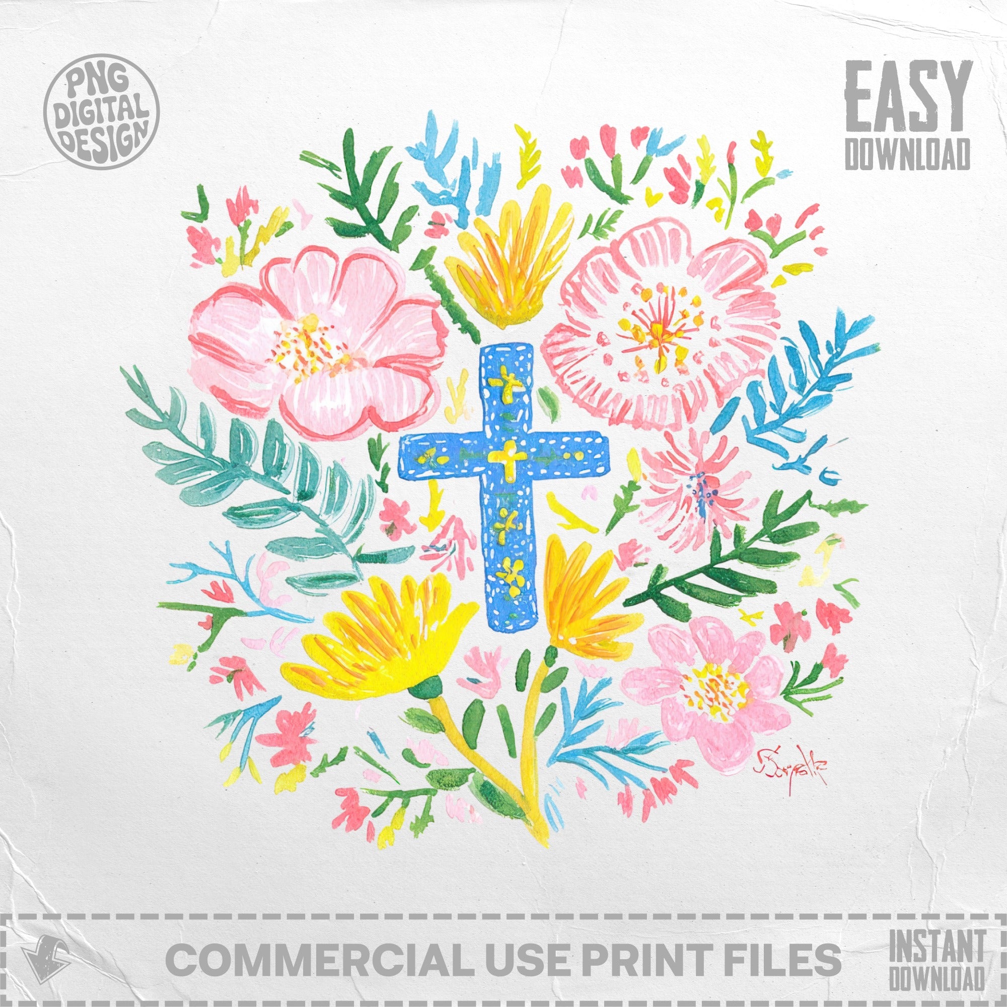 Blue cross surrounded by colorful flowers and leaves, easy download text.