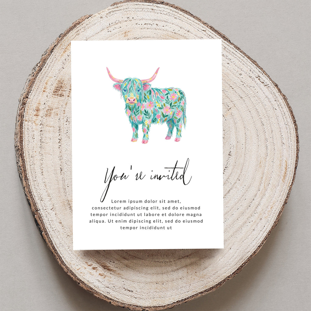 Invitation with a floral Highland cow illustration and "You're invited" text.