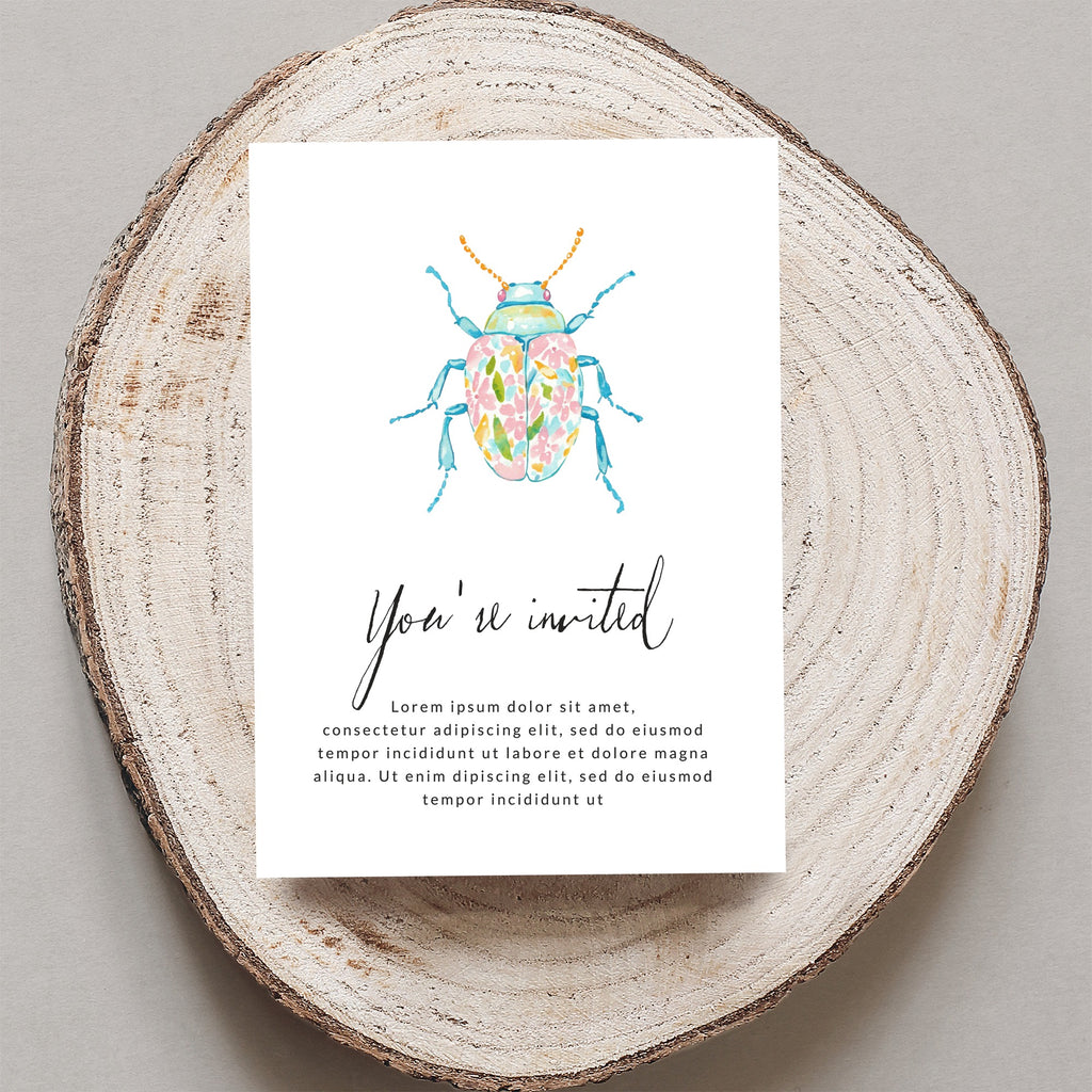 Invitation card with watercolor beetle and "You're invited" text.