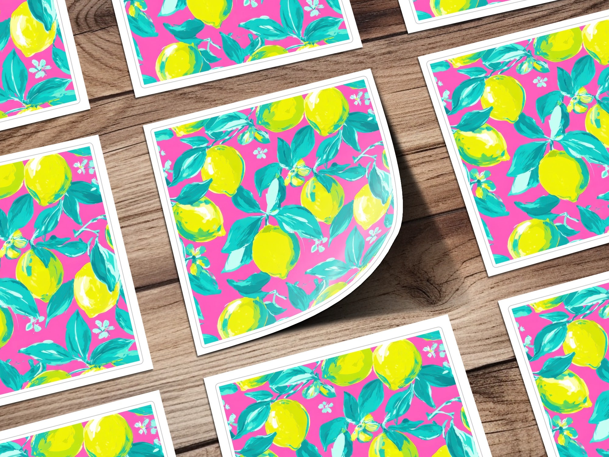 Bright pink background with repeating pattern of yellow lemons and green leaves.