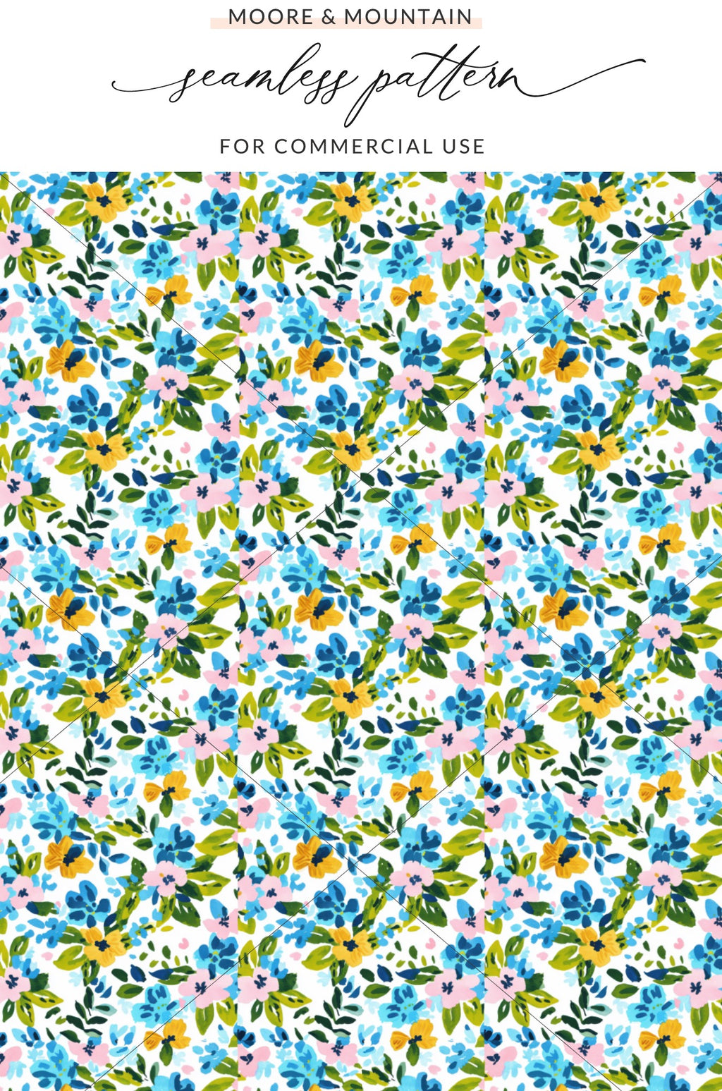 Seamless floral pattern with pink, blue, and yellow flowers and green leaves.