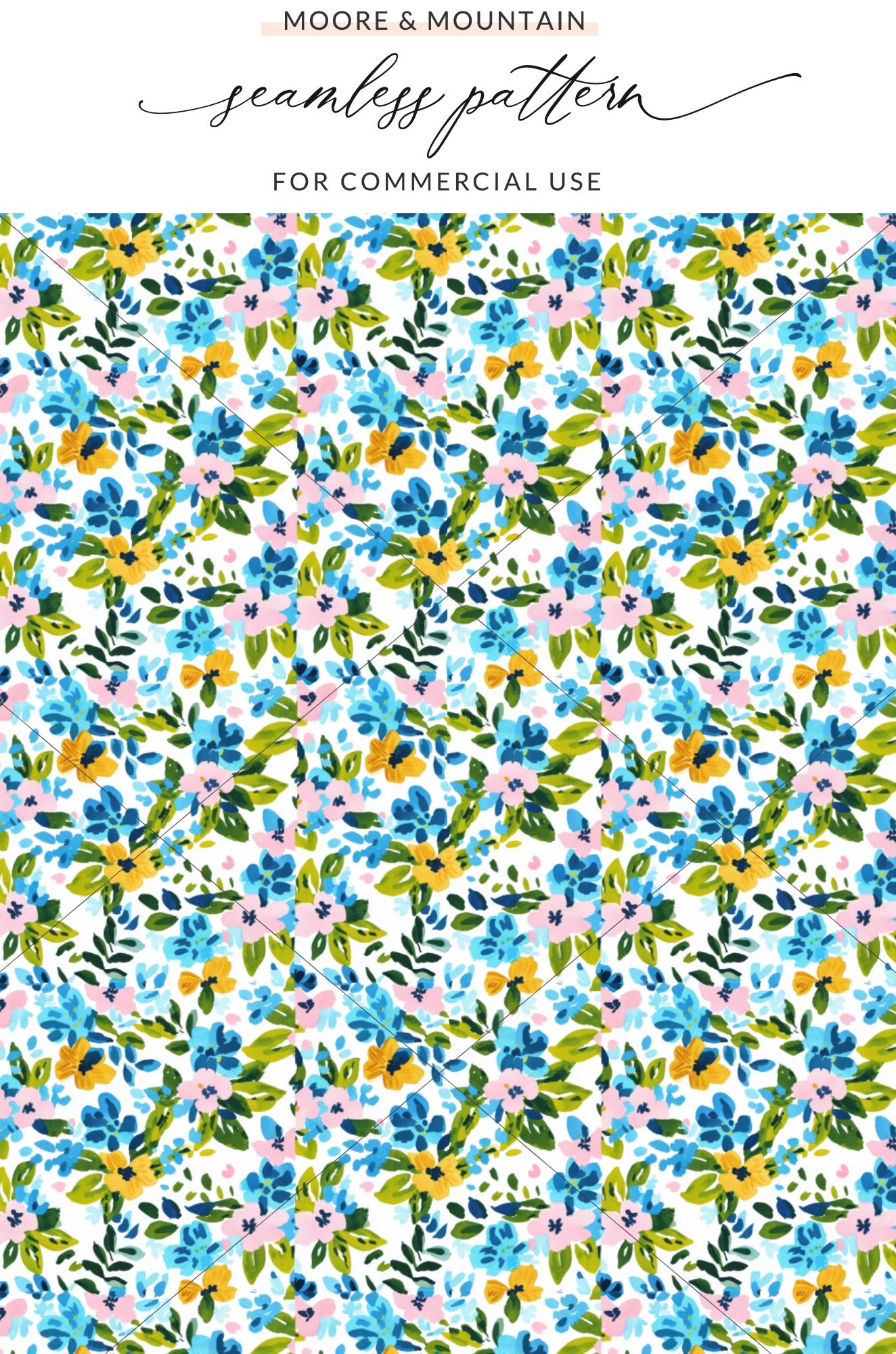 Seamless floral pattern with pink, blue, and yellow flowers and green leaves.