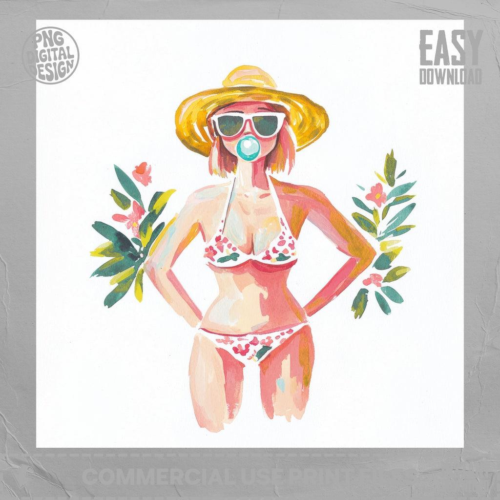 Woman in floral bikini and sunhat blowing bubble gum, with foliage.