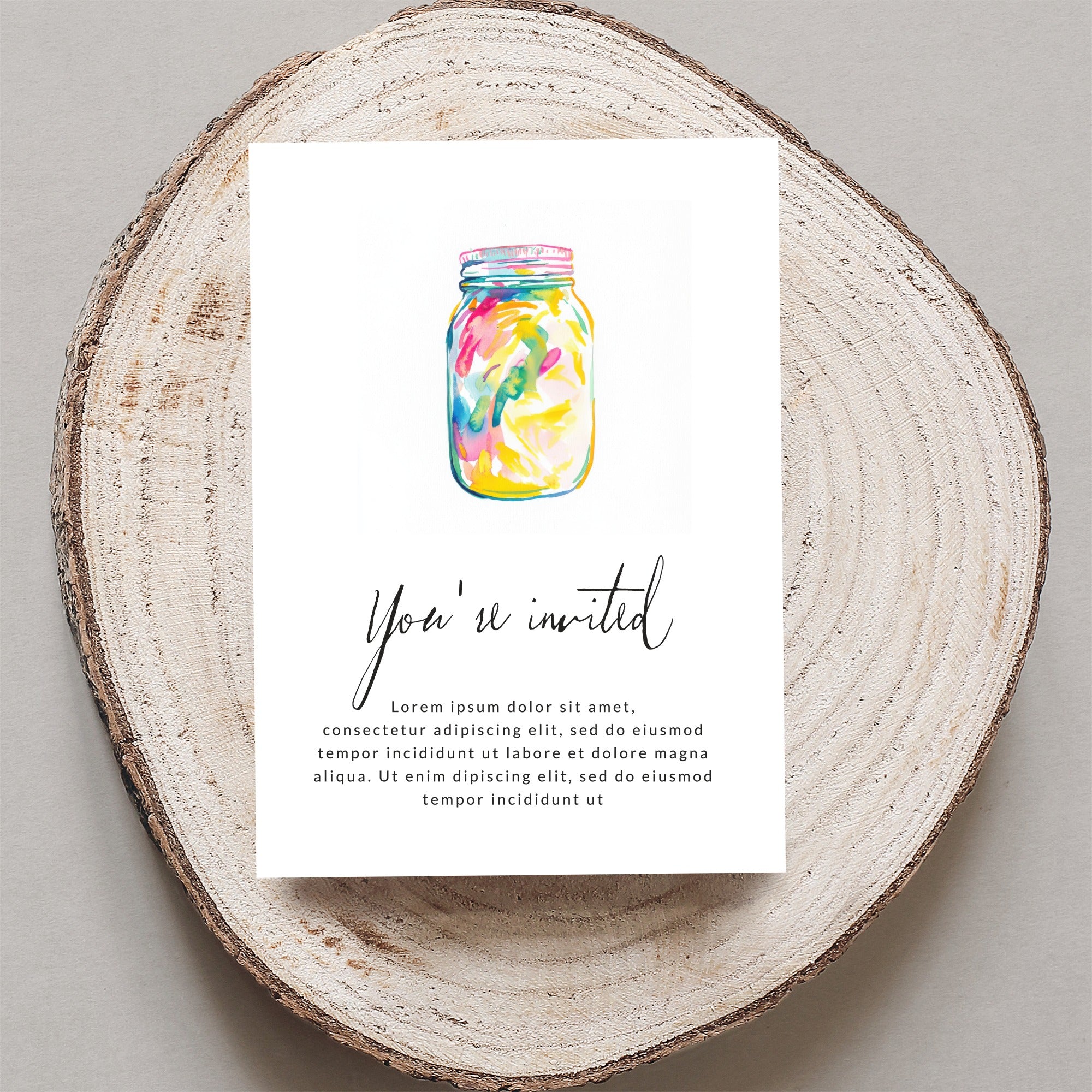Invitation with colorful jar illustration and "You're invited" text.