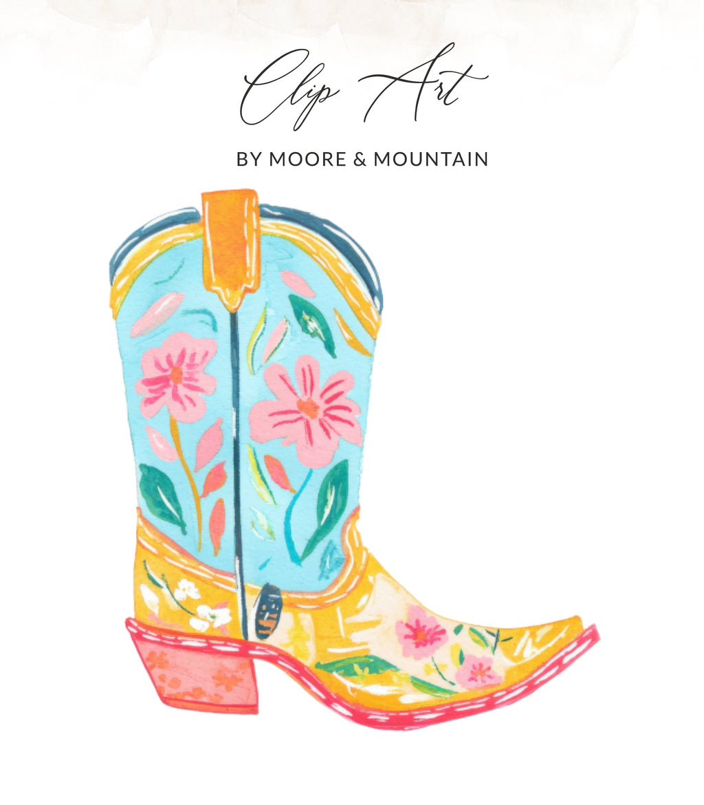 Colorful painted cowboy boot with floral accents and "Clip Art By Moore & Mountain" text.