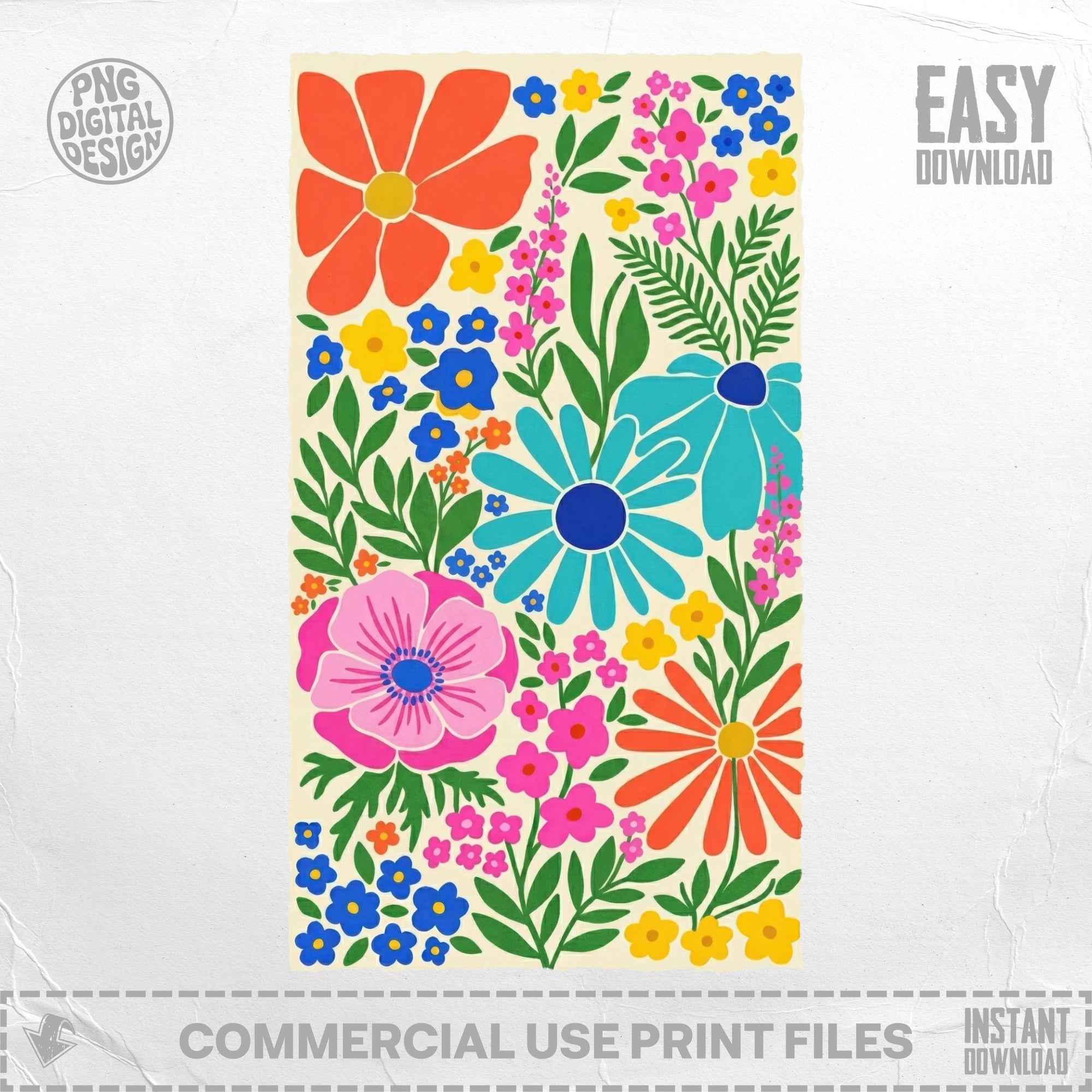 Colorful floral pattern with large orange, pink, and blue flowers on a cream background.