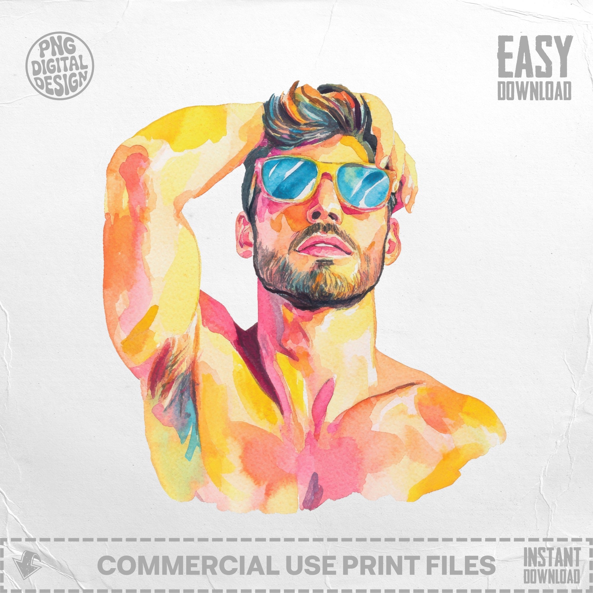 Watercolor portrait of a man in sunglasses, with "Easy Download" and "Commercial Use" text.