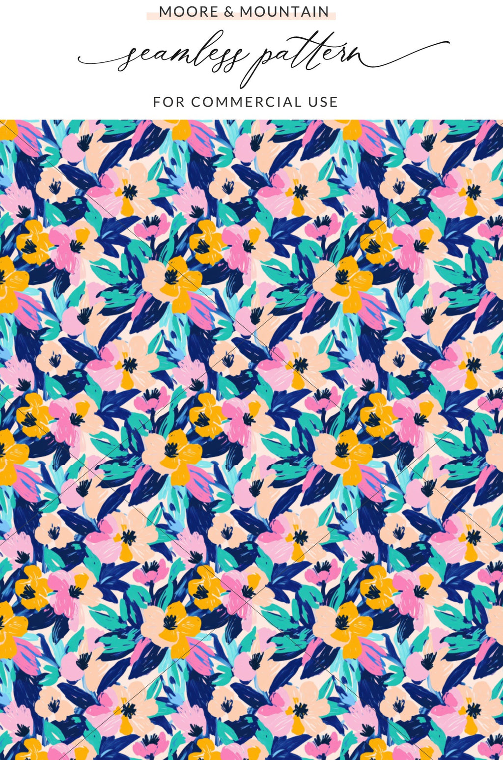 Floral pattern with pink, yellow, and blue flowers and green leaves.