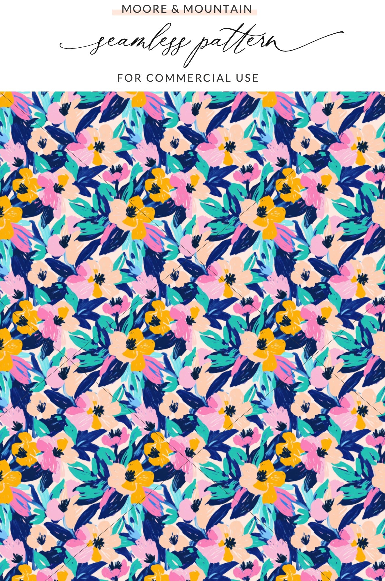 Floral pattern with pink, yellow, and blue flowers and green leaves.