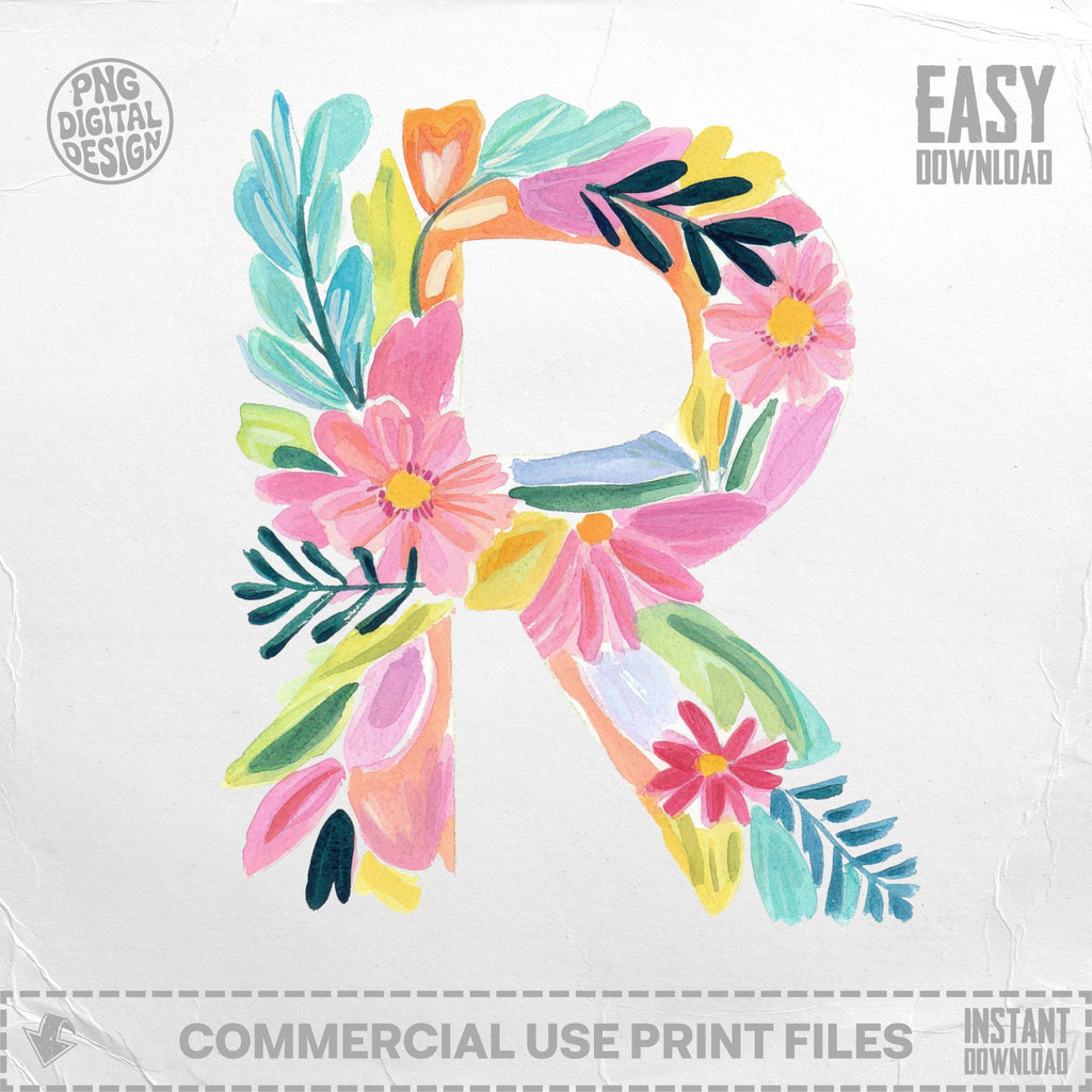Floral letter R with watercolor flowers and leaves, "PNG DIGITAL DESIGN" and "COMMERCIAL USE PRINT FILES".