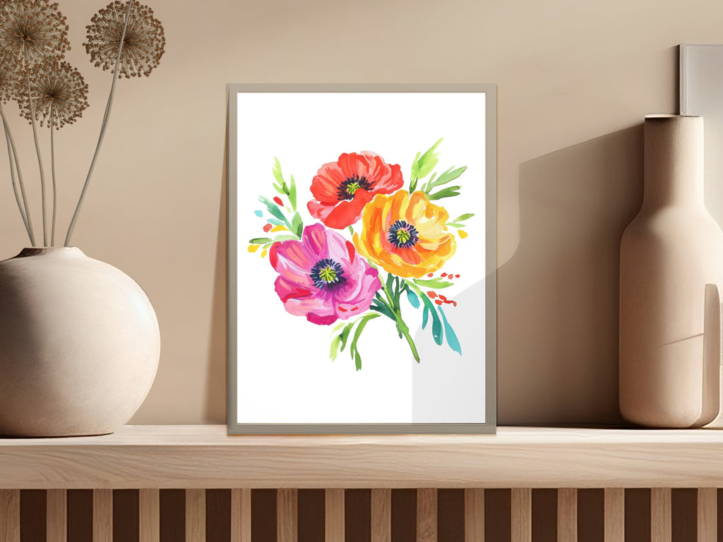 Watercolor painting of vibrant red, pink, and yellow poppies in a vase.