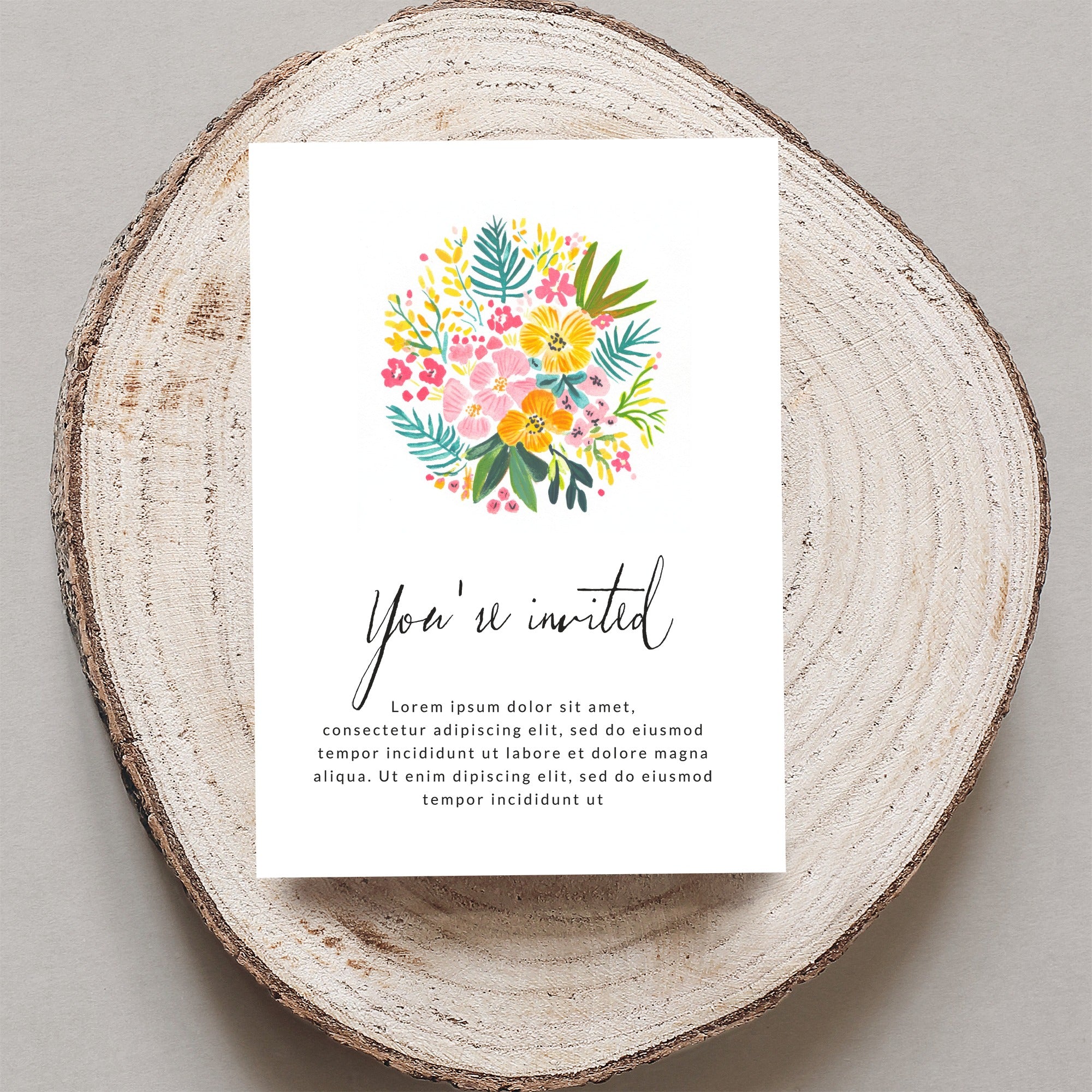 Invitation card with floral design and "You're invited" text.
