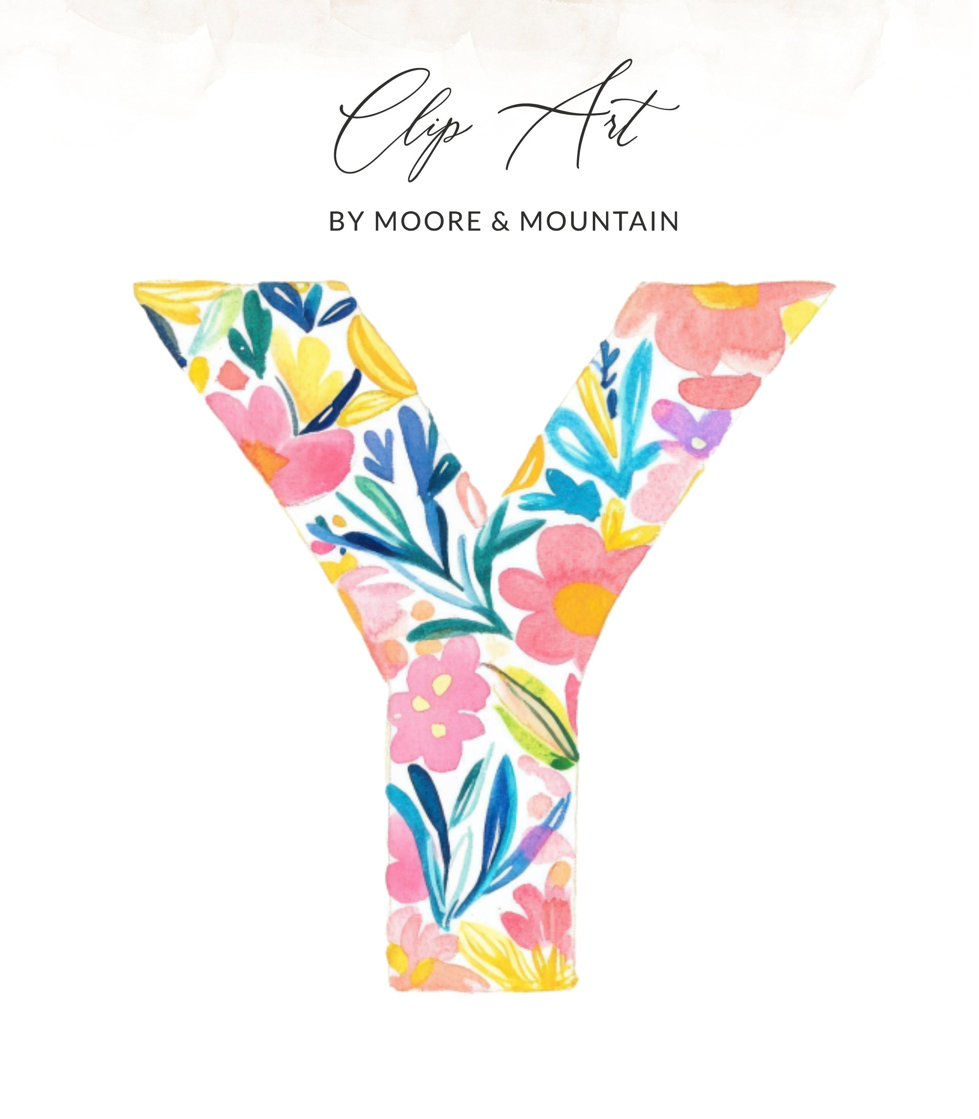 Watercolor floral letter Y with "Clip Art BY MOORE & MOUNTAIN" text.