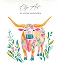 Pink floral longhorn cow with green foliage and "Clip Art by Moore & Mountain".