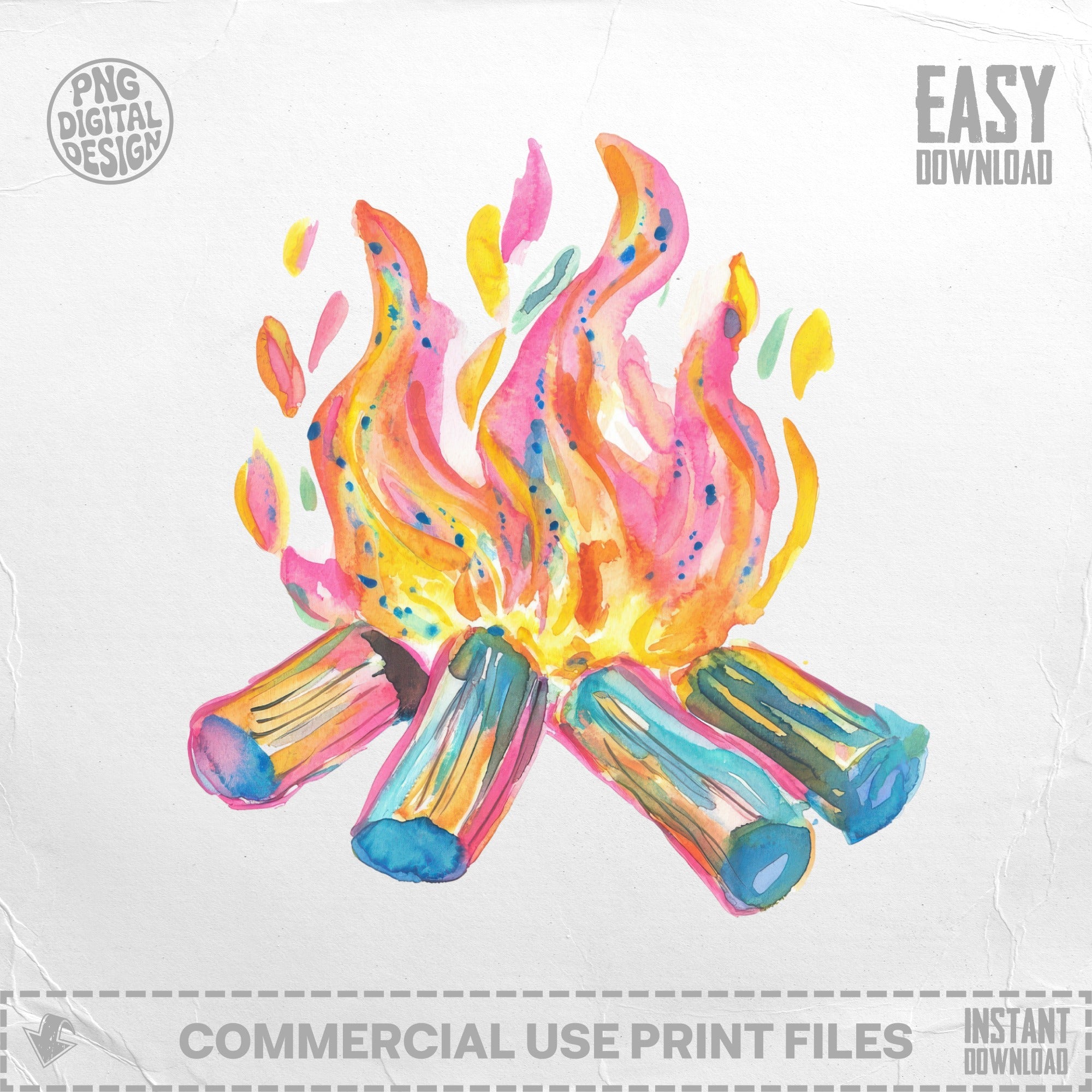 Watercolor campfire with flames, logs, and "Easy Download" text.