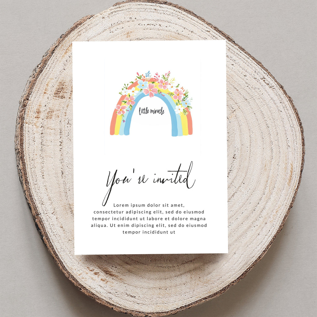 "Little Miracle" invitation card with rainbow design and placeholder text.