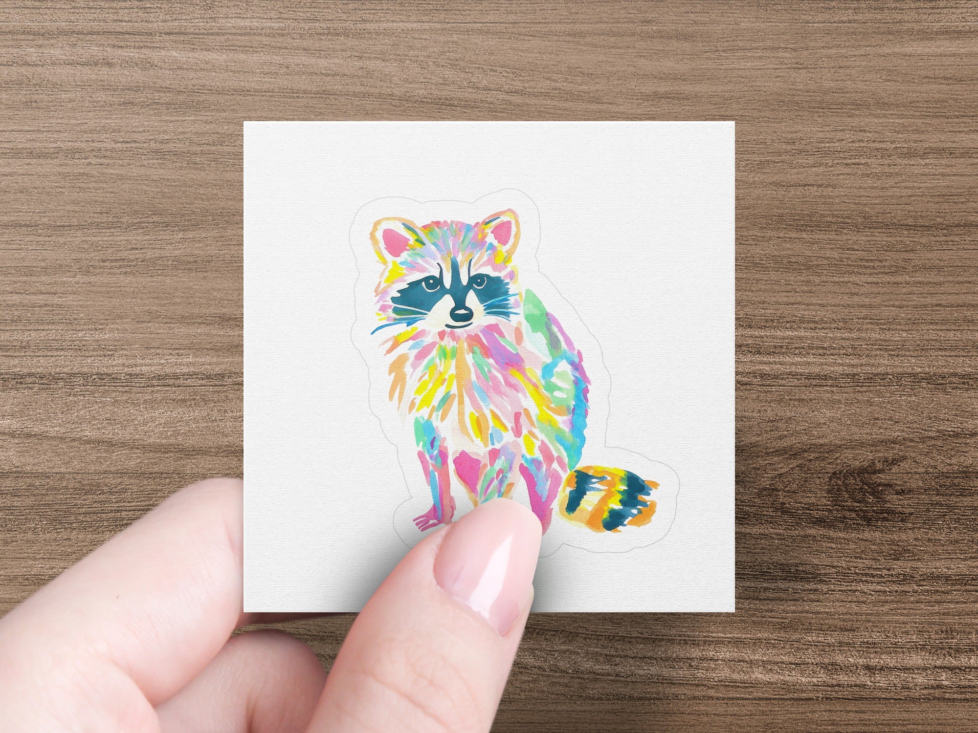 Colorful watercolor raccoon sticker held by a hand.