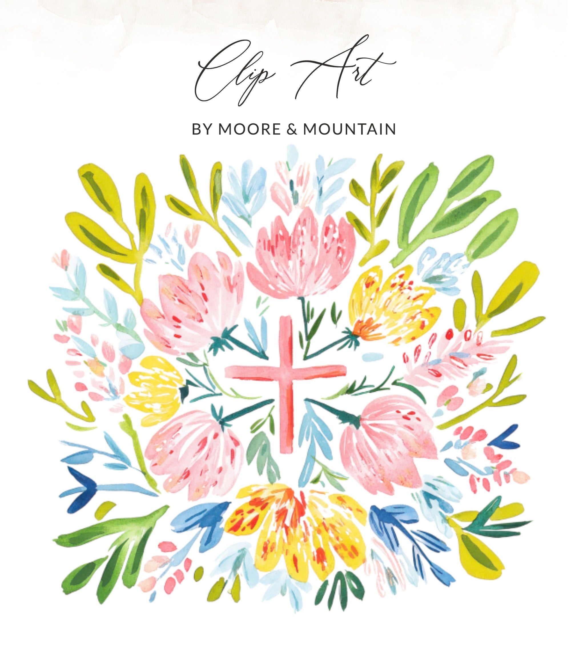 Watercolor floral cross with text "Clip Art BY MOORE & MOUNTAIN".